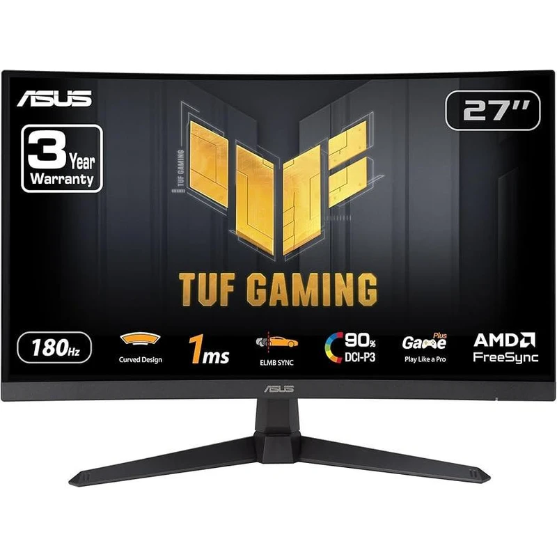 مانیتور خمیده گیمینگ 27 اینچ ایسوس مدل TUF Gaming VG27VQ3B، رزولوشن Full HD، نرخ بروزرسانی 180 هرتز، پنل VA، دارای درگاه ارتباطی HDMI 2.0 ،DisplayPort 1.2 و جک 3.5 میلیمتری صدا