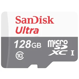 کارت حافظه microSDXC سن دیسک مدل Ultra، ظرفیت 128 گیگابایت، استاندارد سرعت Class 10 و UHS-I U1، سرعت خواندن 100 مگابایت بر ثانیه، مقاوم در برابر مغناطیس، پشتیبانی از Full HD و 3D